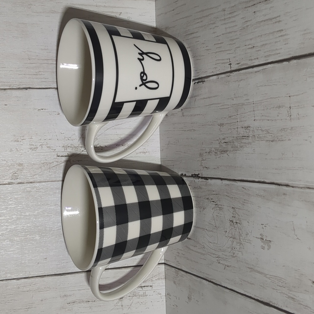 California Pantry Matching Plaid and Striped Mugs in Black and White